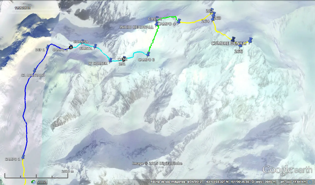 Mapa da rota seguida para a conquista do Denali, com a indicação dos campos, dos campos avançados e dos “cashes”, locais em que são enterradas as bagagens a cada etapa. Na subida, os montanhistas vão até os pontos mais elevados para se adaptarem, mas retornam para dormir nos campos mais baixos.